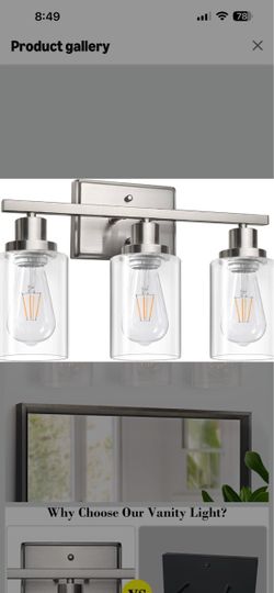 Bathroom Vanity Light Fixtures, 3 Light Wall Sconces Lighting with Clear Glass Shade, Brushed Nickel Wall Lights for Mirror, Kitchen, Living Room, Gal