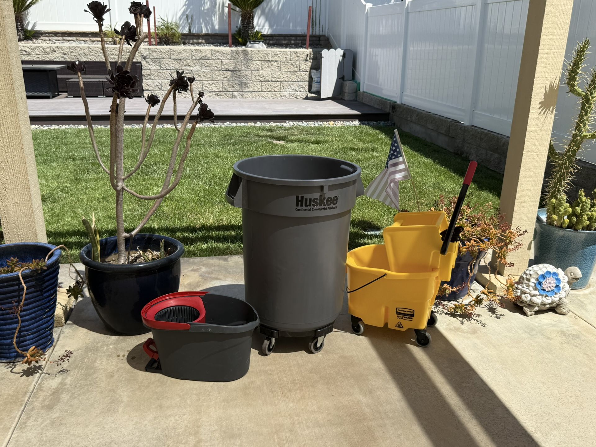 Huskee Trash Can With Wheels, Yellow Mop Bucket And Bucket With Wringer