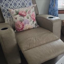 Tan Leather Recliner Chair with Cup Holders