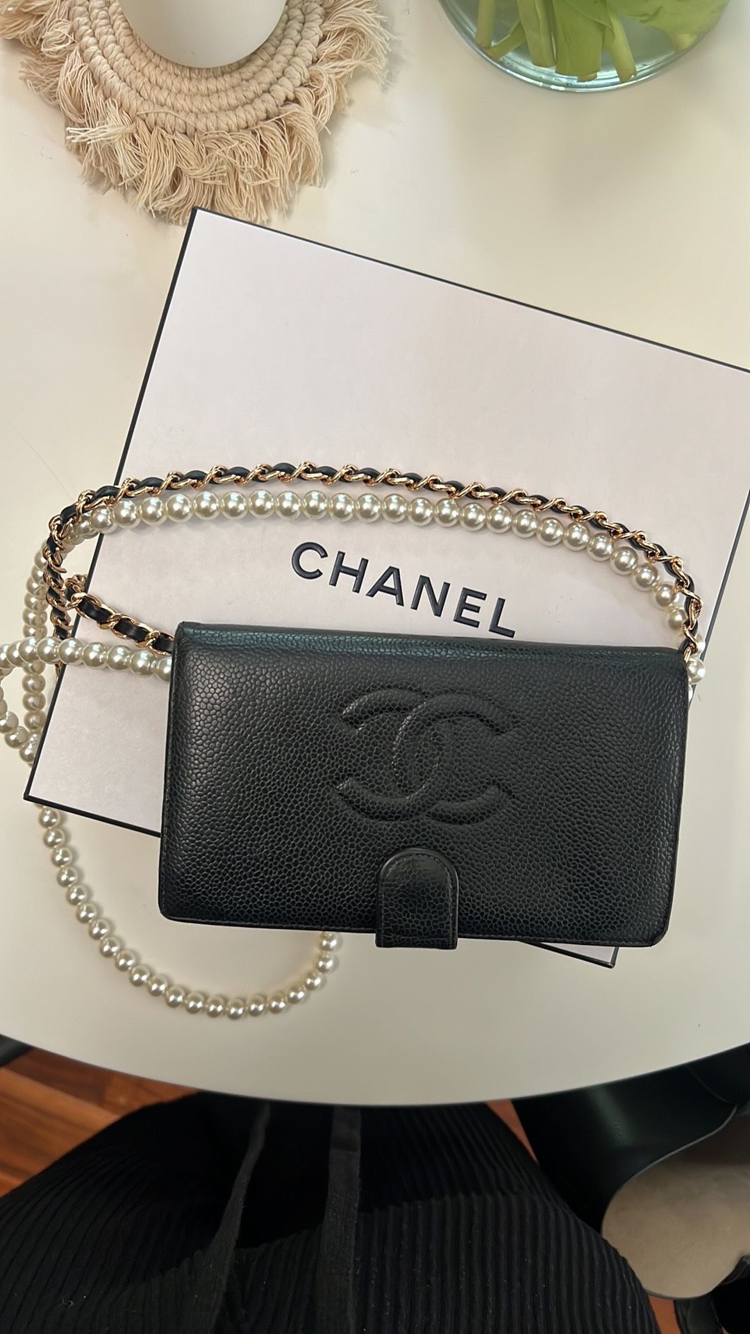 Authentic Chanel Caviar Leather Wallet with Added Chain Bag