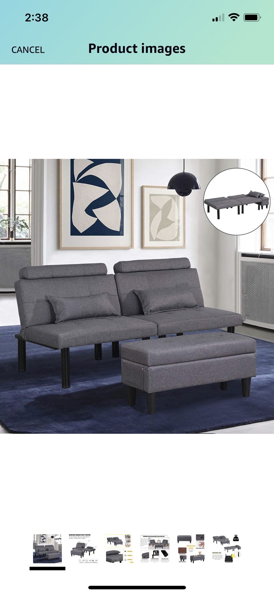 Futon Sofa Bed Adjustable Convertible Sleeper Sofa for Living Room, Apartment, Dorm Storage Ottoman Coffee Table, Lumbar Pillows