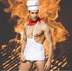 Men's Sexy Chef Set, 4pc Cook Roleplay Lingerie with Hat, Red Neckerchief, Apron & White Briefs