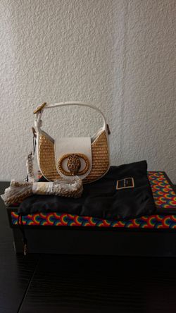 White Leather and Woven Straw Saddle Bag