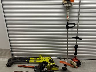 Lawn & Yard Tool Lot – Cordless & Gas Trimmers, Saws, 2 Batteries