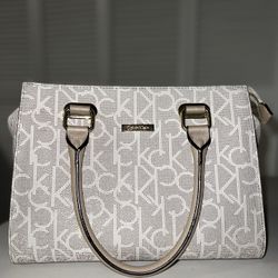 Calvin Klein Beige White Logo Satchel Top Handle Bag with Zipper Accent