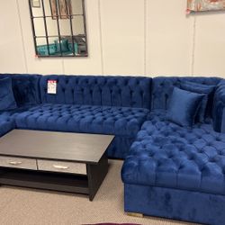 Navy Velvet Tufted Sectional with Gold Legs