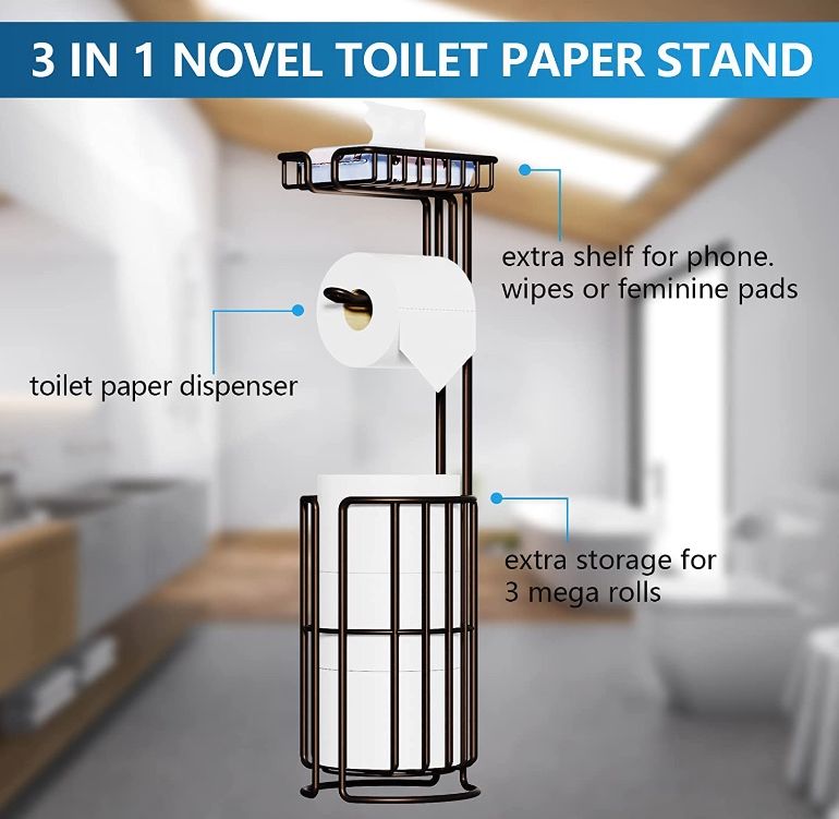 Toilet Paper Holder Stand,Bronze Toilet Paper Holder with Shelf,Tissue Holder with Storage and Dispenser for 3 Mega Rolls,Stainless Bathroom Toilet Pa