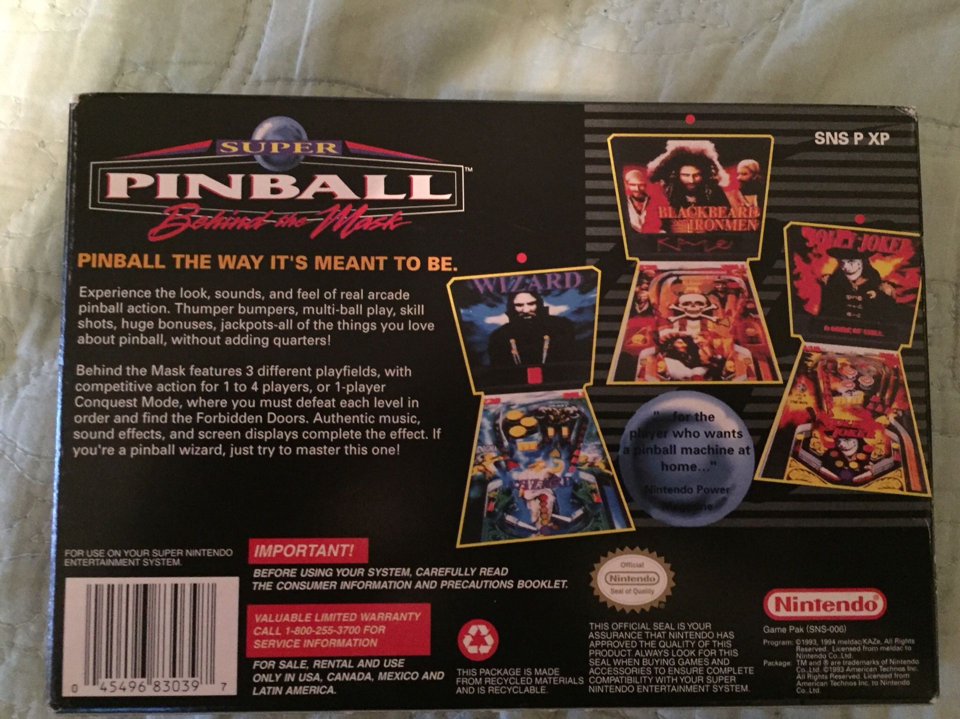 SNES Super Pinball Behind the Mask CIB
