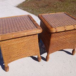 Antique Natural Wicker End Tables Glass Tops