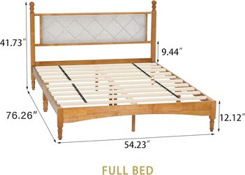 Full Bed Frame with Fabric Upholstered Headboard, Solid Rubber Wood Central Supports, Rustic Oak