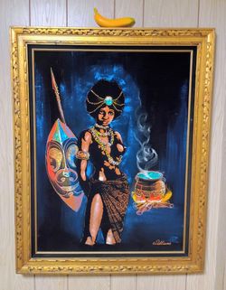 Mid Century Vintage Giant 'Light Up' Black Velvet Painting 'African Warrior' by Williams 4ft Tall!