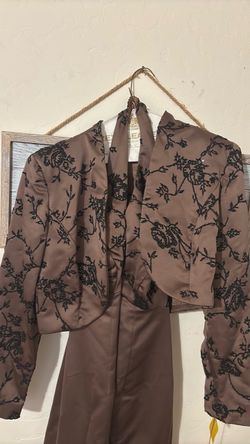 Brown Satin Beaded Floral Two-Piece Dress Set