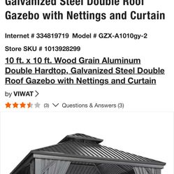 10 ft. x 10 ft. Wood Grain Aluminum Double Hardtop, Galvanized Steel Double Roof Gazebo with Nettings and Curtain by VIWAT >
