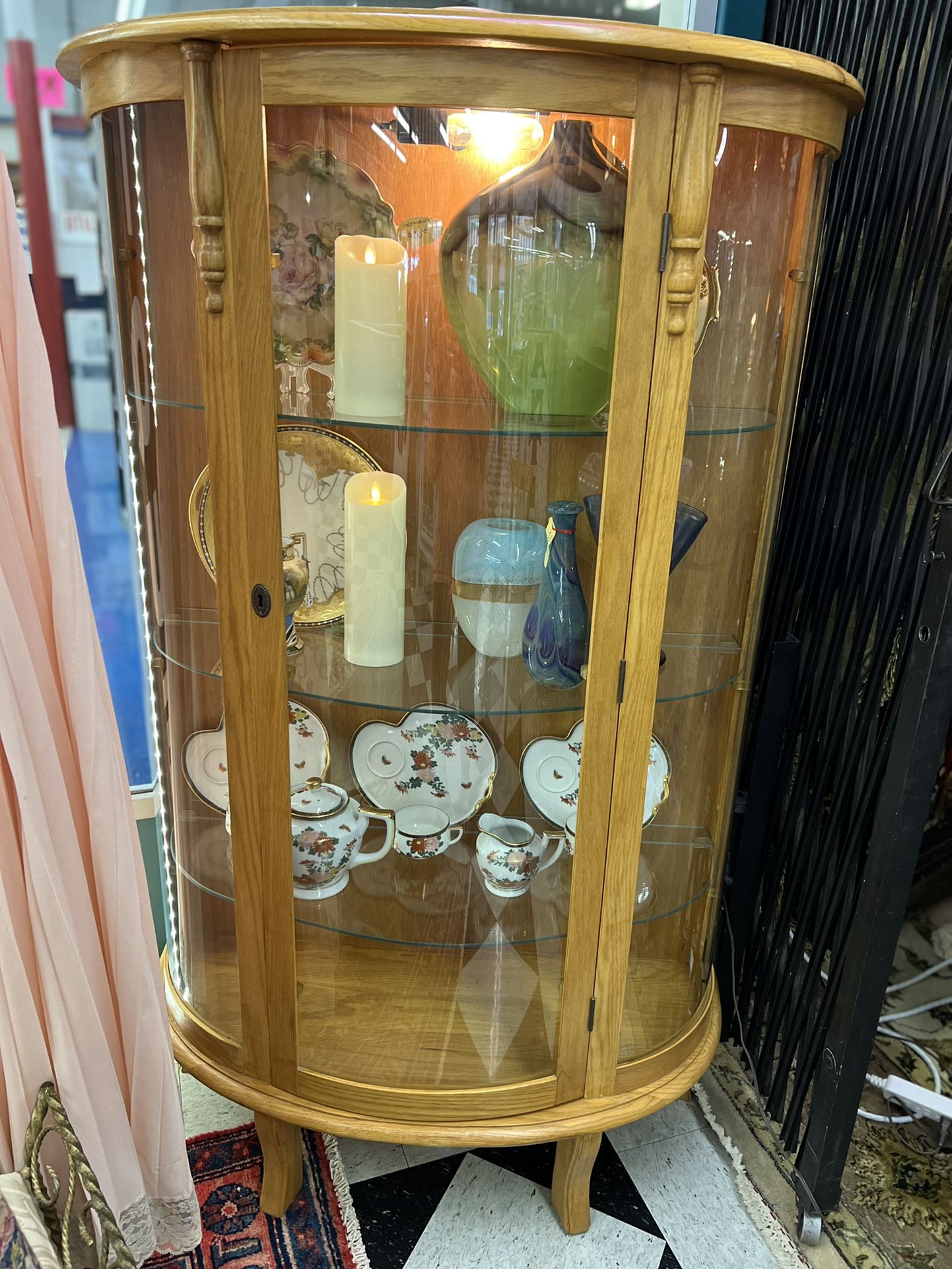 Pretty Vintage Oak Curio Cabinet ~ Curved Glass