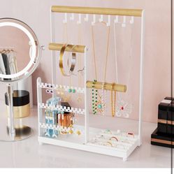Jewelry Holder Organizer Stand, Jewelry Display Rack with 36 Holes Earring Holder, 10 Hooks Necklace Organizer, Velvet Ring Holder Dish, Birthday Gift