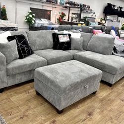 3-pc Sectional Sofa With Storage Ottoman Grey Corduroy Brand New
