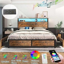 LED Queen Bed Frame with Storage Headboard & 4 Drawers, Industrial Metal Platform Bed with Power Charging Station & USB Ports(4392)