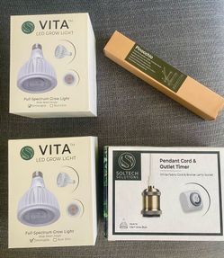 VITA LED Grow Light, Pendant Cord, Outlet Timer, White Wooden Wall Mount for Plants