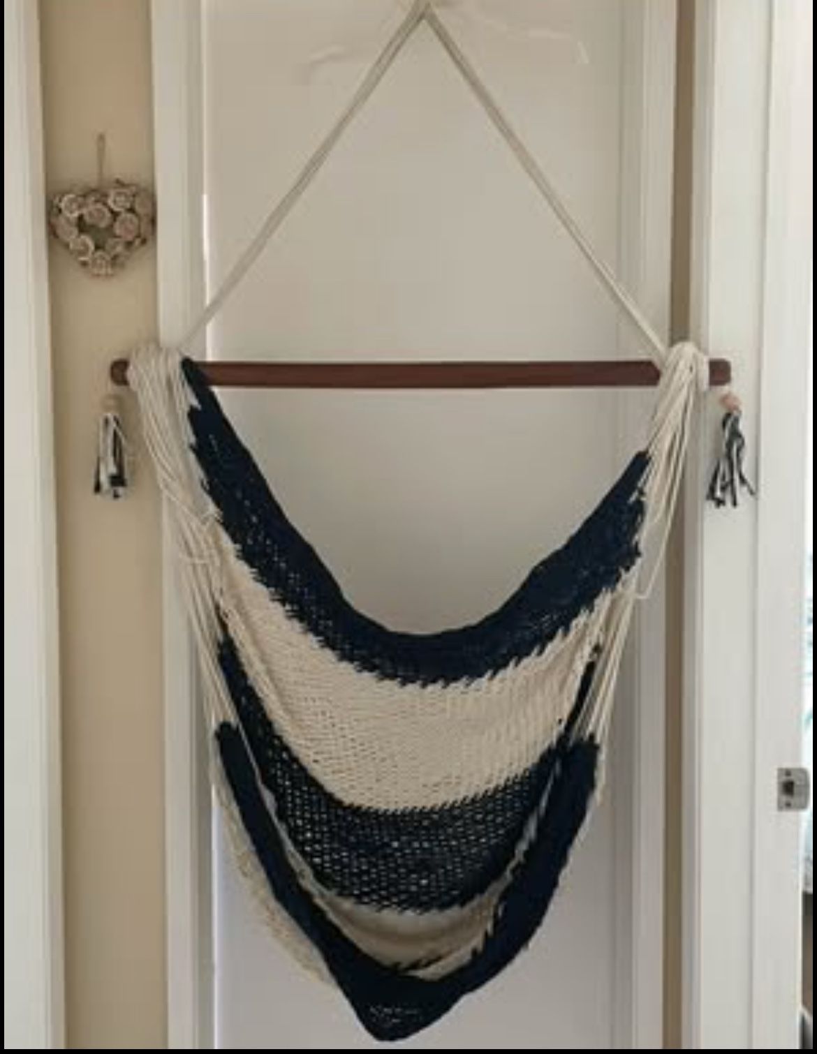 Navy blue and white sitting hammock, handmade and brand new.
