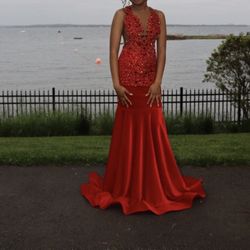 Elegant long red Velvet and mesh diamond prom dress size medium custom made