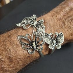 Butterfly Hinged Cuff Bracelet Silver-plate With Black, Clear & Colored Rhinestones,Vintage Inspired 3 Butterflies- Gorgeous 