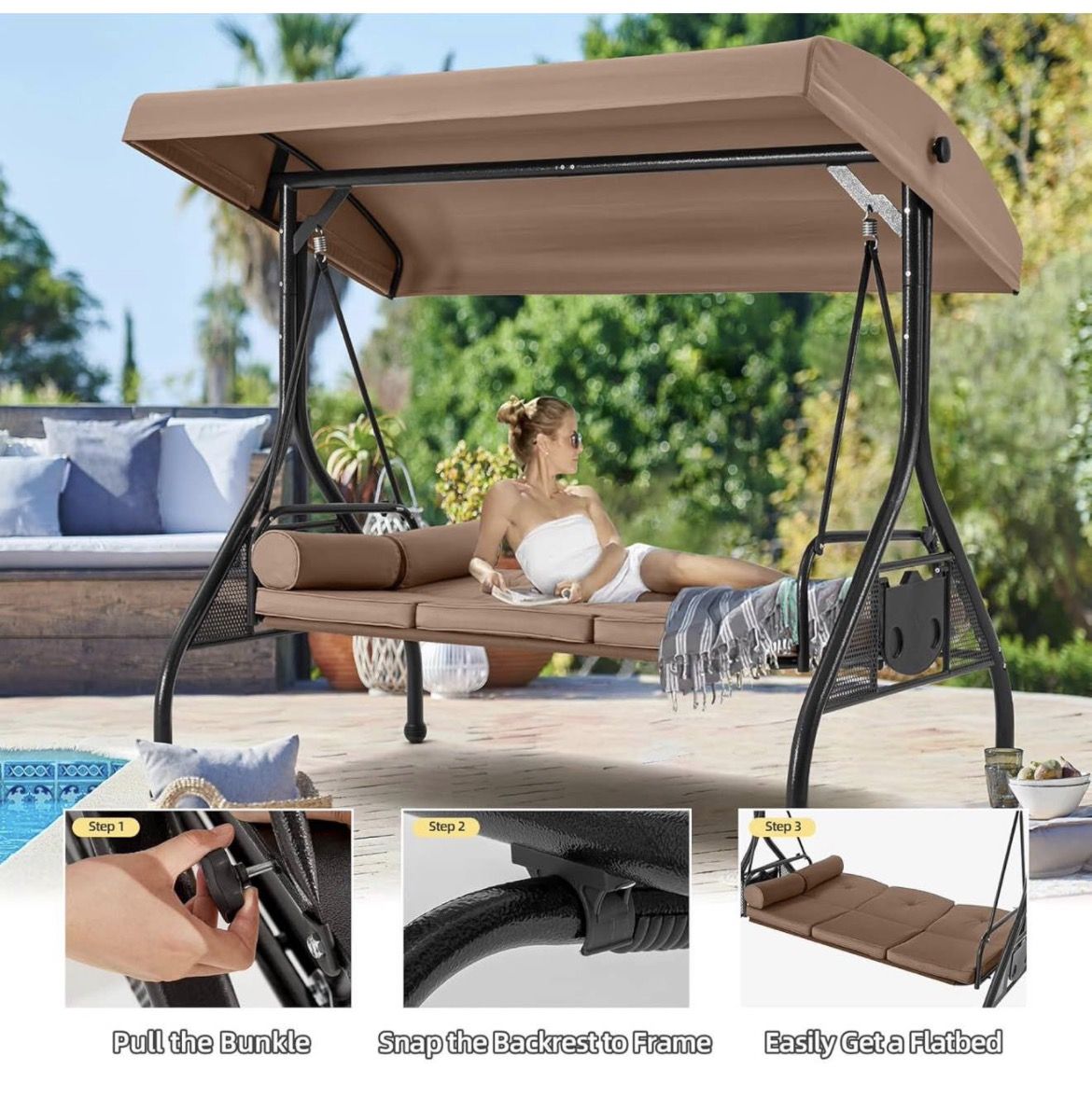 3 Seat Outdoor Porch Swing with Adjustable Canopy, Convertible Patio Swing Bed with Stand, Patio Glider Swing with Upgraded Cup Holder, Thicken Cushio