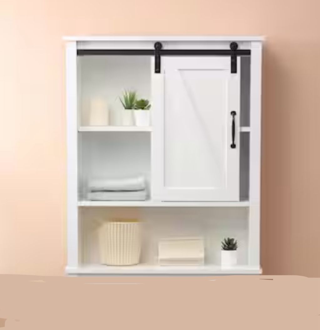 Farmhouse Medicine Sliding Barn Door Bathroom Wall Cabinet, White