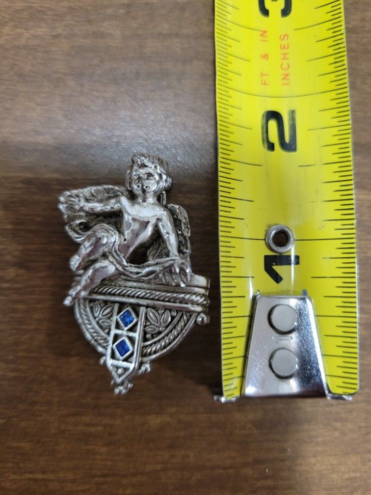 Vintage Silver-Tone Angel Cherub The Vatican Library Collection Pin Blue Stones