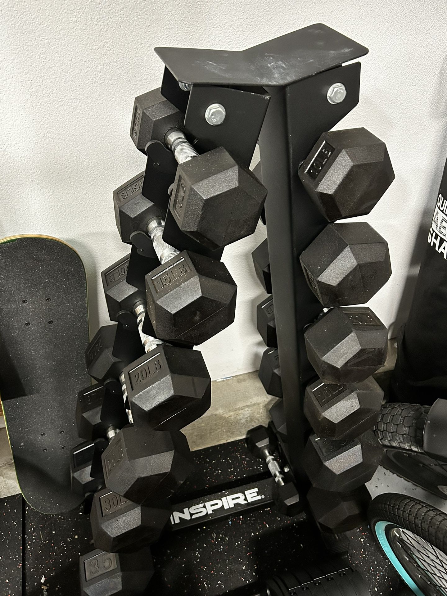 Inspire Fitness 210lb Rubber Hex Dumbbell Set with Rack