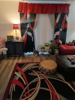 Rug, curtains and pillow