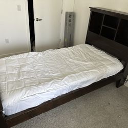 Twin Bed frame, mattress, box spring, bed cover
