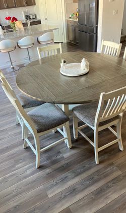 Solid Wood Dining Table Set – Round/Square/Oval + 6 Cushioned Chairs