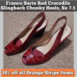 Red Slingback Crocodile Chunky Heels, Sz 7.5 Shoes, Franco Sarto