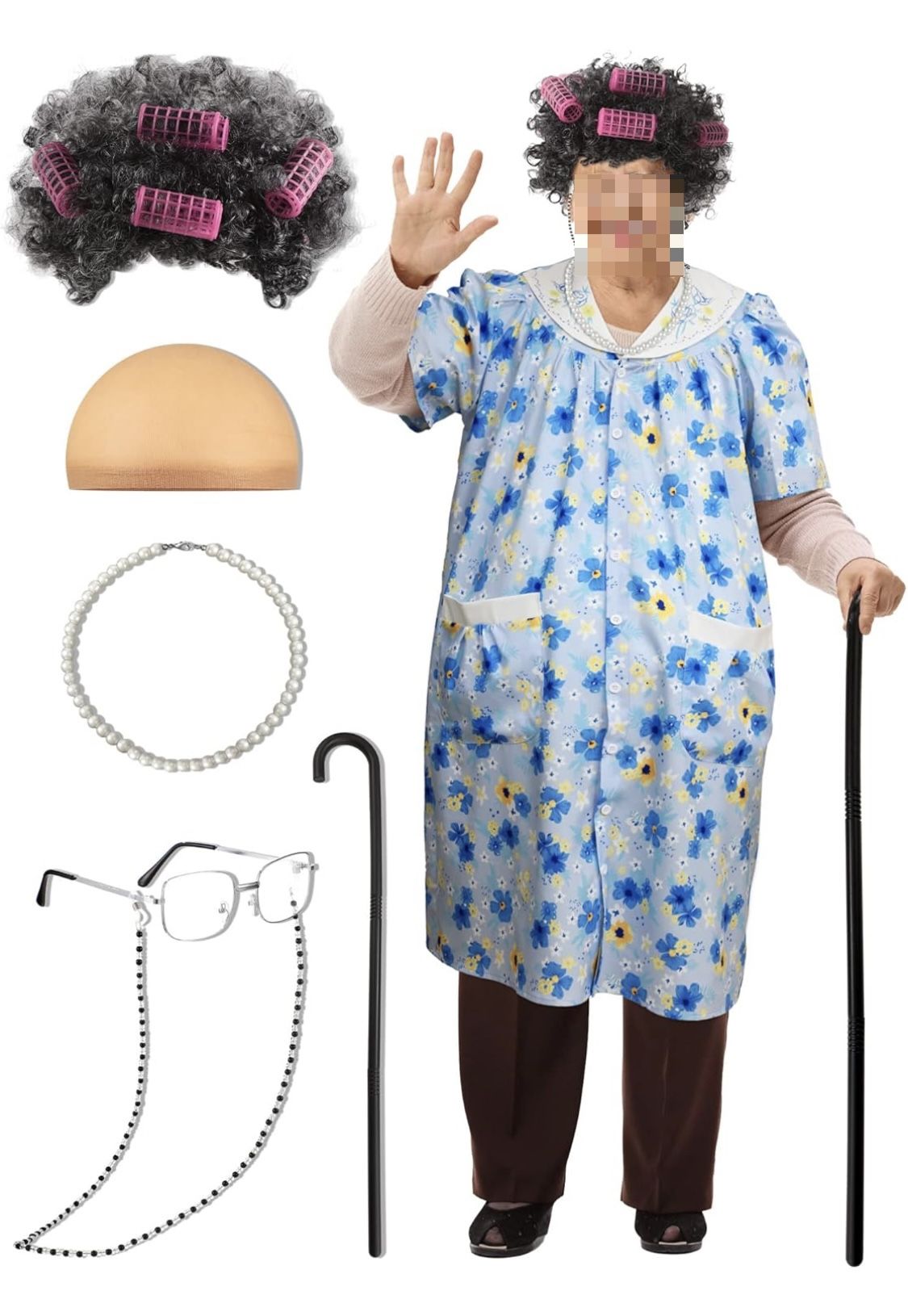 Zhanmai 11 Pcs Old Lady Costume 100 Days of School Robe Granny Wig