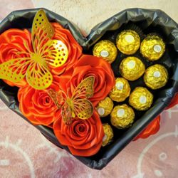 Heart Shape Box With Red Roses And Chocolates