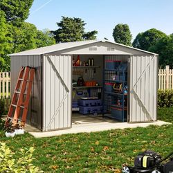 Sunmthink 8’x 10’ Outdoor Storage Shed with Base Frame, Tool Storage Shed with Double Lockable Door, Gray(Floor not included)