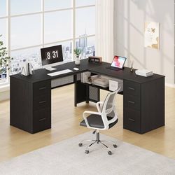 Black L Shaped Desk with File Drawers Shelves, Reversible Corner Metal Wood Computer Desk with Storage Cabinet, Modern Large Executive Work Writing St