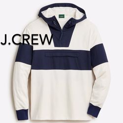 (NEW) (1 AVAILABLE) MEN’S J.CREW IVORY NAVY HOODED SWEATSHIRT IN COLORBLOCK - SIZE: MEDIUM (MSRP: $138) 