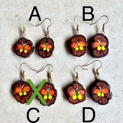 🧡 Absolutely darling, butterfly earrings - handpainted orange, yellow & green on faux wood slices