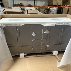 72” Gray Double Bathroom Vanity Cabinet w Speckled Quartz Countertop