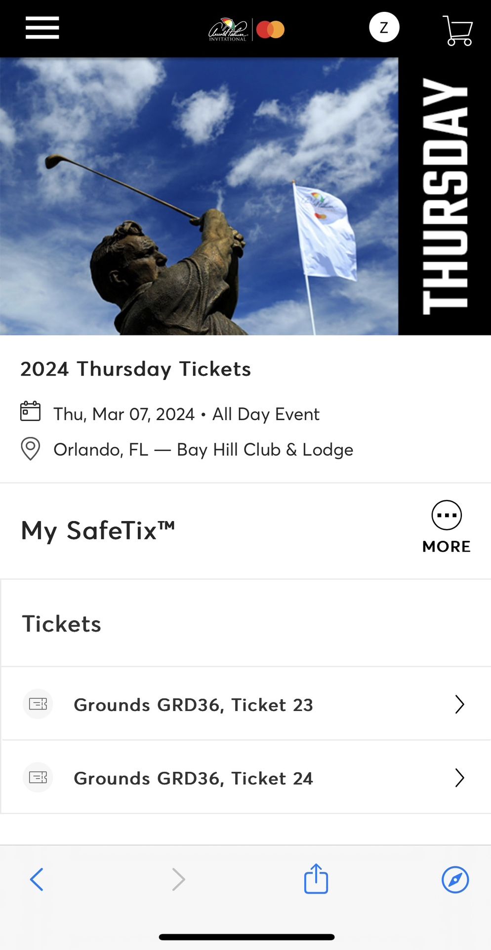 Arnold Palmer Invitational Thursday Round Tickets(2) $55 Each
