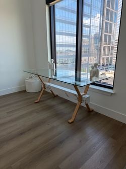 Glass Top Dining Table with Wood and Marble Base