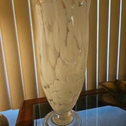 16" Vase - White & Clear Thick Glass