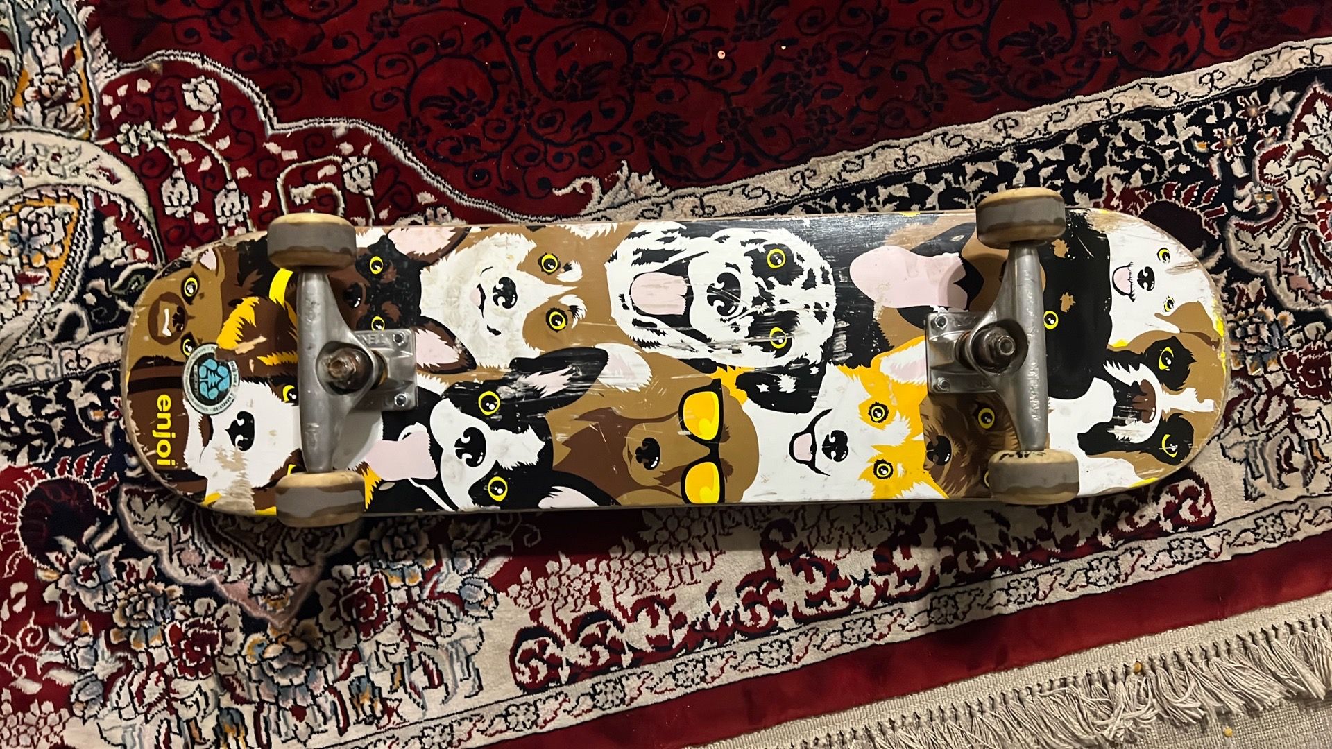 Enjoi Dog Collage Youth complete skateboard featuring a 7.375-inch deck and a colorful graphic of various dog