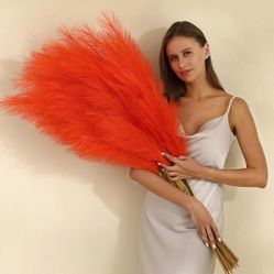 Orange Pampas Grass Decor- 45-Inch Set of 7 | Tall Faux Pampas Grass Soft and Fluffy | Large Artificial Pompas Floral | Perfect for Living Room, Offic