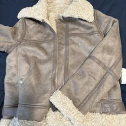 Faux Shearling Taupe Brown Leather Jacket 