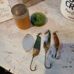 3 Vintage Lures In Metal Kodak Canister Thomas Mitchell Twister Tackle Fishing Spoon Lake River Trout