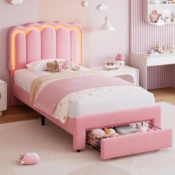 Twin / Full Size Upholstered LED Bed Frame with Storage Drawer and Adjustable Chic Double Wavy Headboard, Velvet Princess Platform Bed for Girls/Kids,