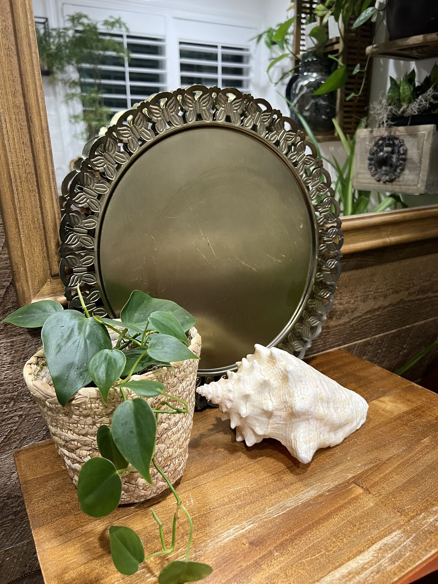 Urban Outfitters Gold Brass Round Butterfly Metal Tray Charger Platter Plant Plate Decorative