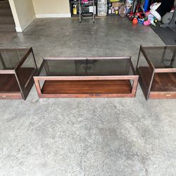 Coffee table + side tables (mid century modern - wood with glass)